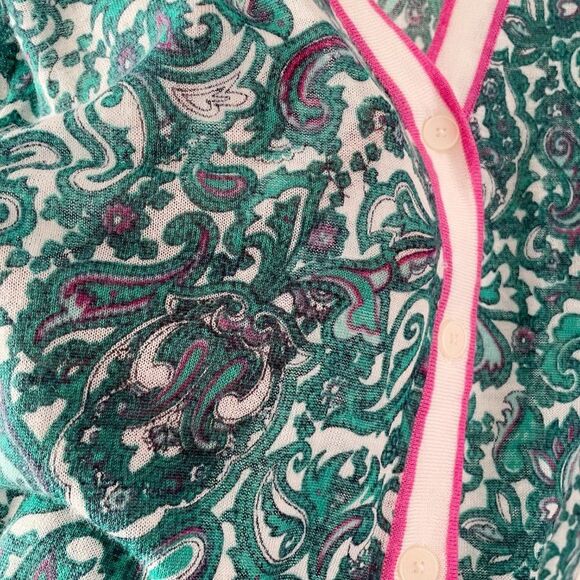 LOFT Green Pink Paisley Ramie V Neck Button Front Sheer Long Sleeve Cardigan M - Picture 4 of 12
